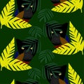 Panthera and colorful leaves pattern on green background